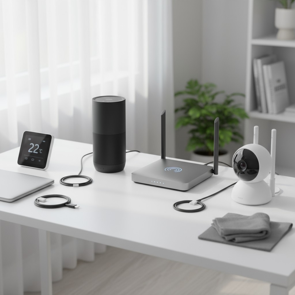 Wireless router, Wi-Fi smart speaker, home security camera, laptop, smart thermostat, cables, laptop, desk in natural ligh...